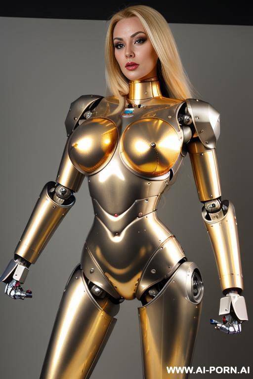 blonde robot, (fully metallic body, huge robotic tits, fit body, shapely arms, shapely legs:1.3) - #main