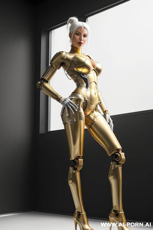 beautiful real female taur cyborg robot with skin in metal-latex white and gold color, with four meccanic leg and metallic ,enormus boobs ,natural uman face, image hd quality - #main