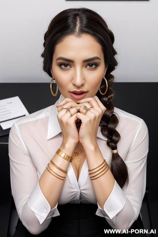 arabic woman, in an office, (gold necklace bracelets and rings, hoop earrings), ((white office shirt)), shocked, brown braided hair, camera from above, - #main