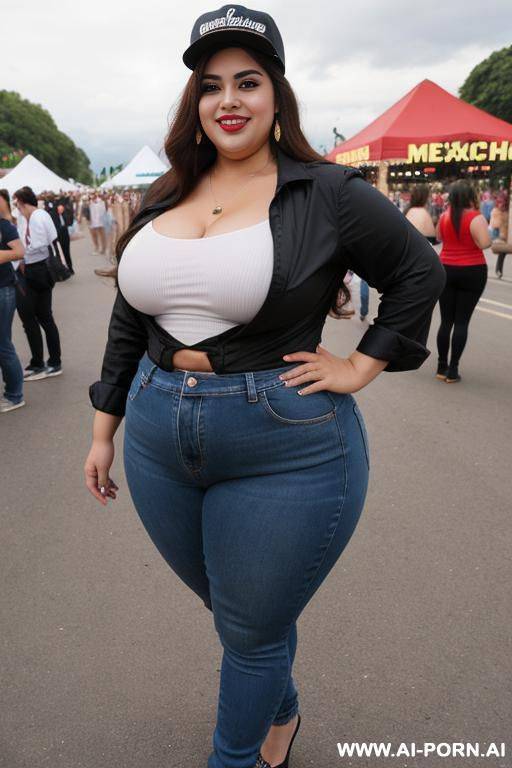baseball hat, rotund figure, huge hourglass wide body, mexican, masterpiece supermodel, huge nose, chicana, chola, hot, pear shaped, wide hips, huge thighs - #main
