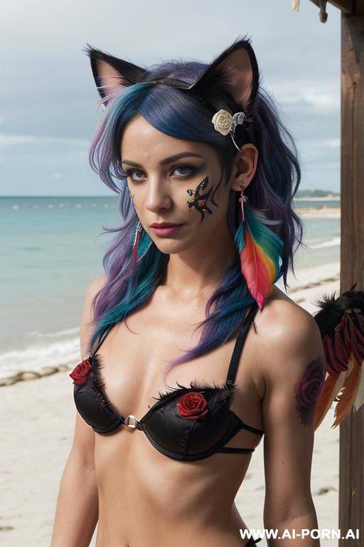 face, sexy, beautiful, ((face painting)), ((bikini as seashell)), ((tattoo roses)), ((eyes shw)), ((angel wings)), ((rainbow hair)), ((long bu hair)), ((wind)), (( cat face)), (( cat ears)), (((feather - #main