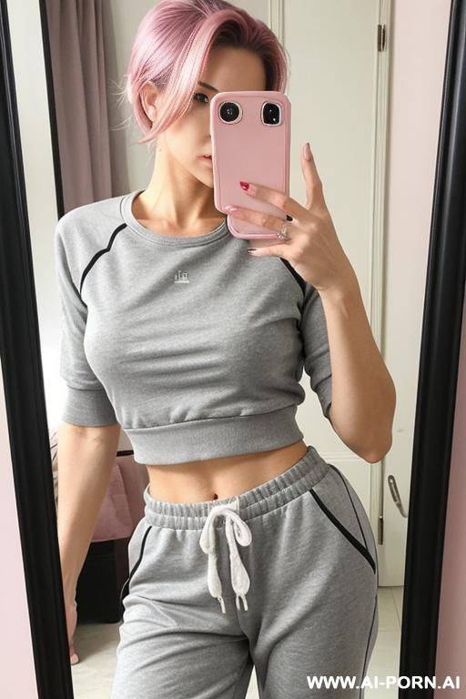 woman pink top short sweatpants gray selfie photo in the mirror - #main