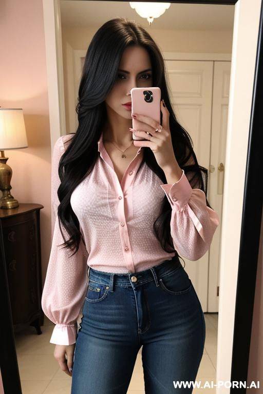 woman long hair jeans blouse pink selfie photo in the mirror - #main