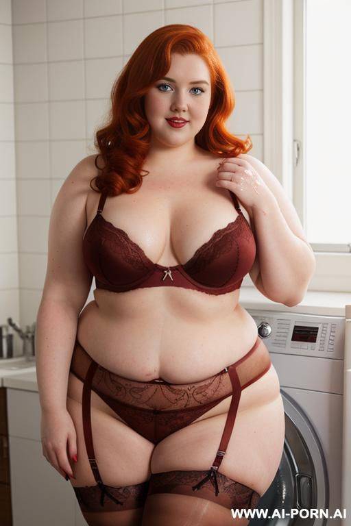 half-length photo, ((half body photo shot close up)). as a set in the laundry area, a (((big obese))) fat chubby fat thick and bbw redhead british, ((she is washing clothes)). she has - #main