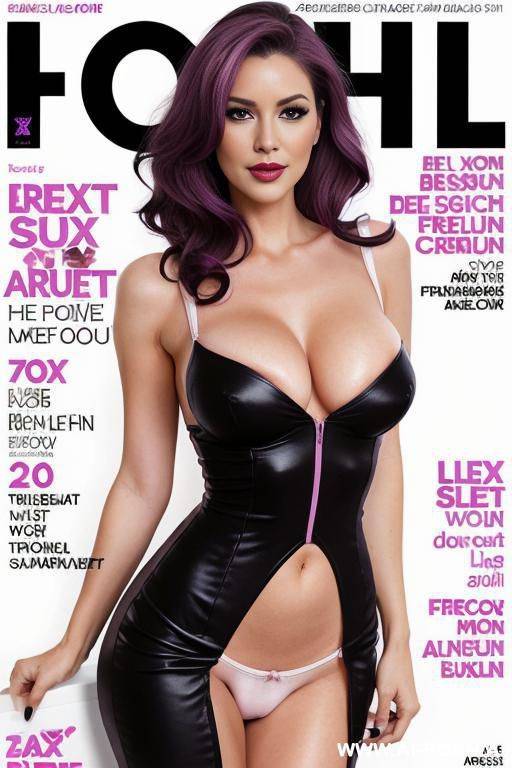 magazine cover, grab boobs , full body view ,sexy pose, ,european , fit figure , smirk ,purple hair ,black pencil dress - #main