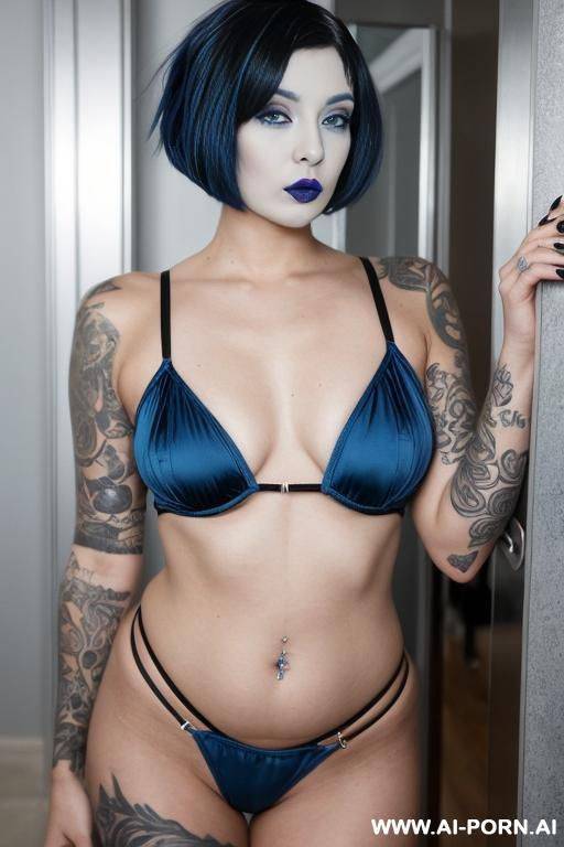gorgeous goth reality star, short blue and black hair, blue lipstick, curved body, wide hips, big ass, full body view, nude, natural big boobs, - #main