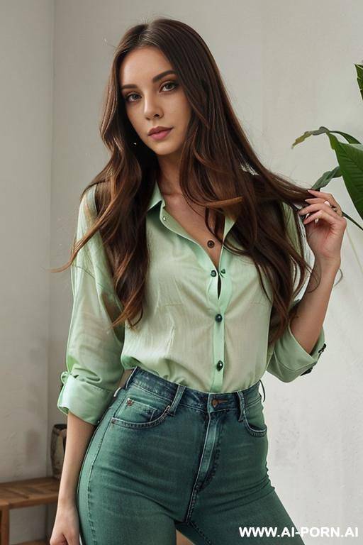 woman long hair jeans blouse green, open shirt, keep face, - #main