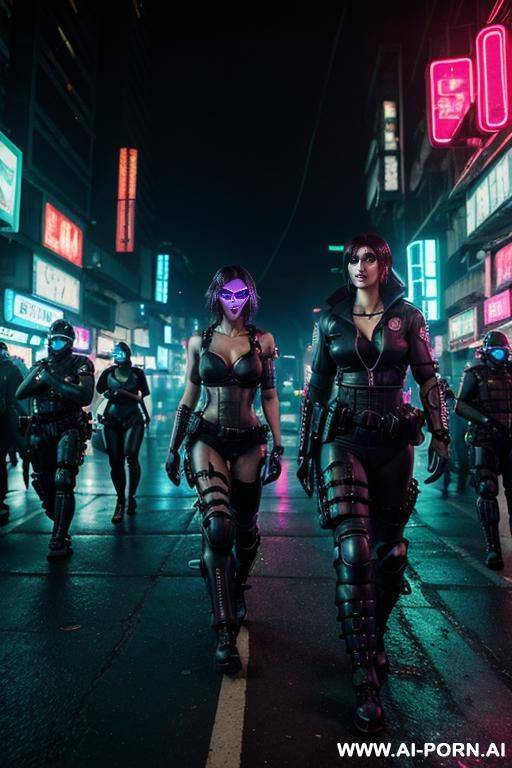 (cyberpunk police officer woman) (wearing riot gear) (dark cyberpunk city street) (neon lights) - #main