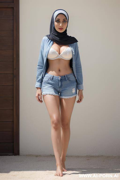 hijab woman wearing tight white blue jean shorts, bare feet, fit figure, realistic with depth of field - #main