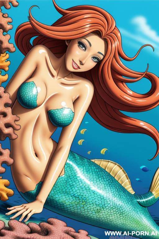 (close up) (tanned cartoon mermaid) (cartoon) (anime style) (colorful reef) - #main