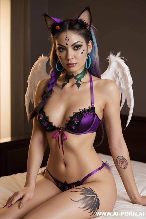 face, sexy, beautiful, ((face painting)), ((bikini as seashell)), ((tattoo roses)), ((eyes shw)), ((angel wings)), ((rainbow hair)), ((long bu hair)), ((wind)), (( cat face)), (( cat ears)), (((feather - #main