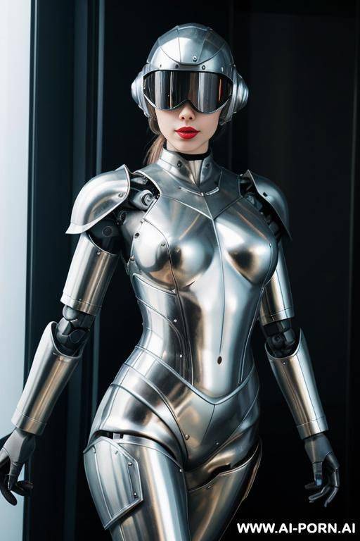 female robot cop, metallic arms and legs, armored helmet - #main