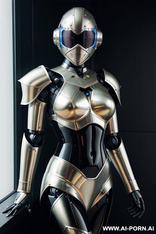 female robot cop, metallic body, armored helmet - #main