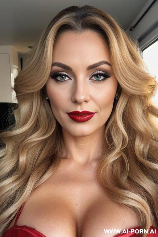 long curly hair, blonde, red lipstick, makeup, normal, milf - #main
