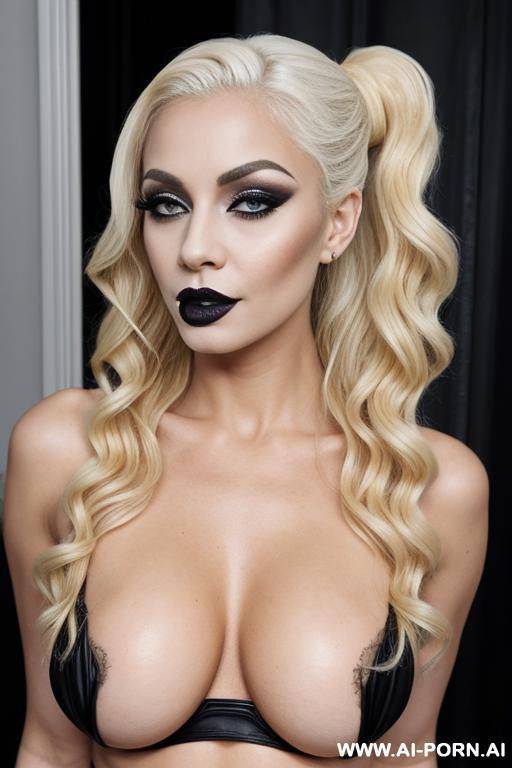 blonde hair, milf, black lipstick, naked, long ponytail curly, makeup, white, gothic, lean-built - #main