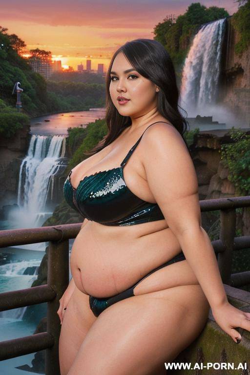 (((slut bbw with sexy chubby face, wanted sex, seductive look, big city with waterfalls at gorgeous sunset))) - #main