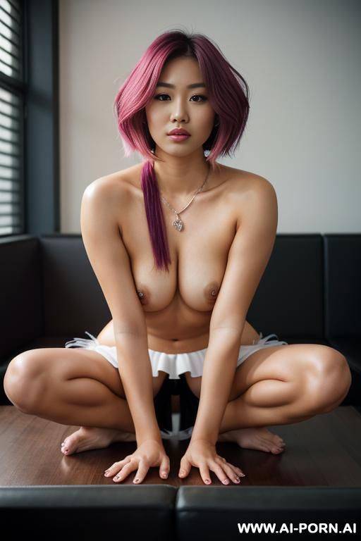 ((topless)), (pretty face), (colorful hair), (thick thighs), (inviting eyes), (long silky hair), (necklace), (showing off her breasts), (asian), (short skirt) - #main