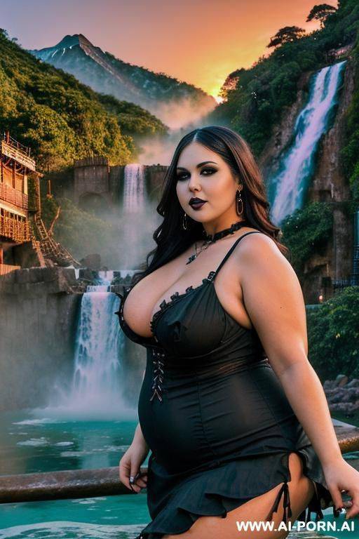 (((gothic bbw, sexy chubby face, resort with mountain waterfalls at gorgeous sunset))) - #main