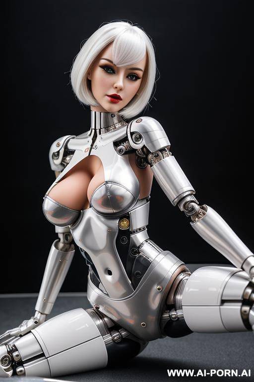 beautiful sensual real female doll cyborg robot with skin in metal-latex white color, with four meccanic leg and metallic ,enormus boobs ,natural uman face, image hd quality - #main
