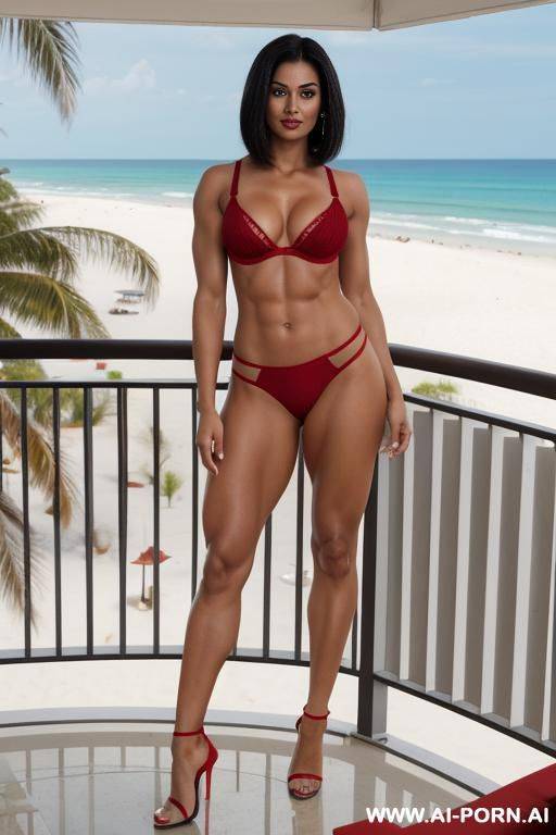 indian, short hair, fit, abs, muscular arms, big ass, tall, long legs, navel piercing, red bra, red pleat slit skirt, looking at camera, full body, stiletto, in beach resort balcony - #main