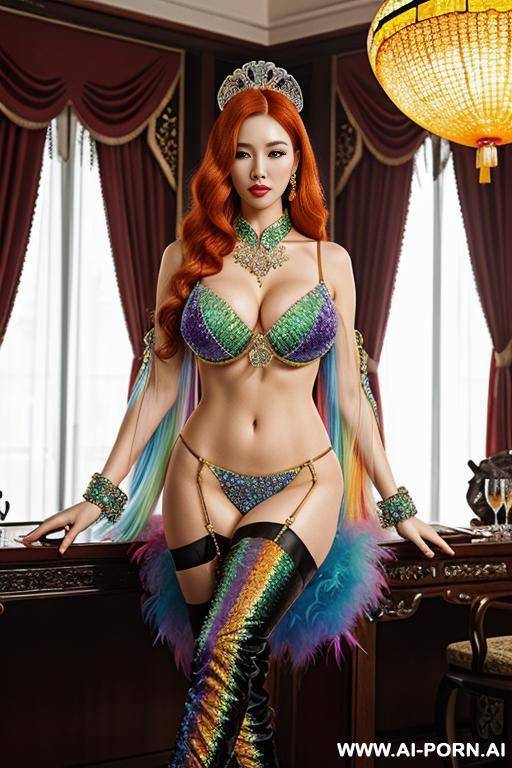 chinese, rainbow feather studed bright diamond transparent corset，feather tutu skirt， mesh robe， rainbow sequin bra ,necklace，rainbow large pointed thigh-high boots - #main