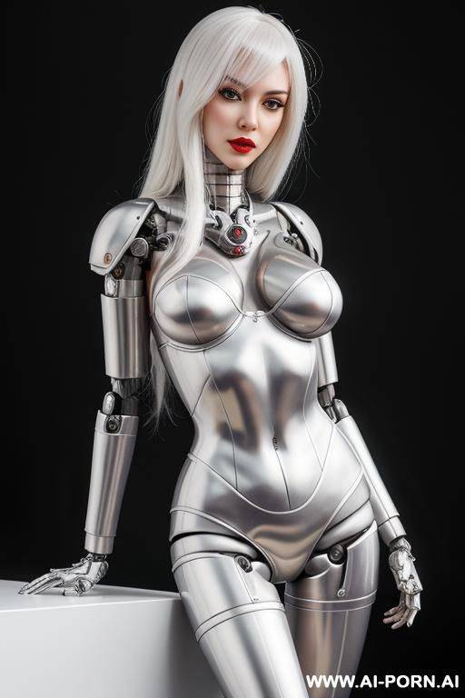 beautiful sensual real female doll cyborg robot with skin in metal-latex white color, with four meccanic leg and metallic ,enormus boobs ,natural uman face, image hd quality - #main