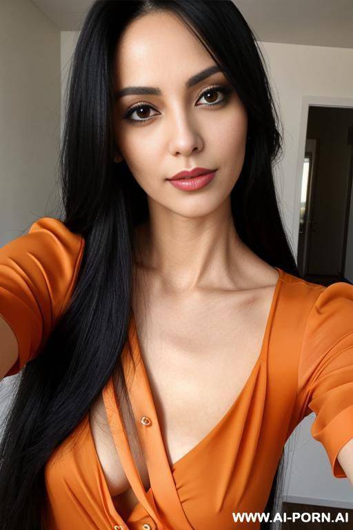 slim woman long hair orange blouse selfie - #main