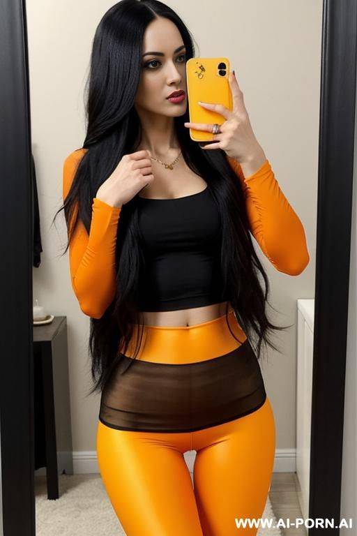 woman long hair yellow high waist leggings orange top selfie photo in the mirror - #main
