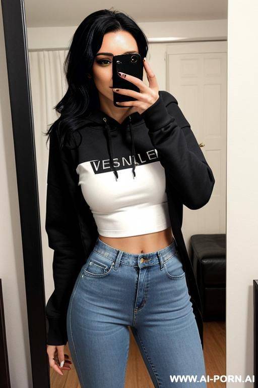 slim woman hoodie high waist jeans selfie photo in the mirror - #main