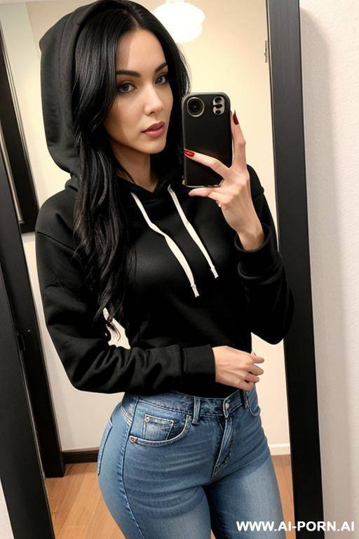 slender woman hoodie high waist jeans selfie photo in the mirror - #main