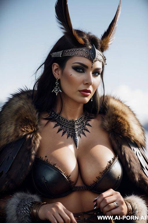 huge massive tits barbarian milf, spiked lingerie armor, paint on face, fur cape, messy brunette hair with feather shaman headset, pussy fingering, lors of metal elry necklaces earrings rings bracelets piercings - #main