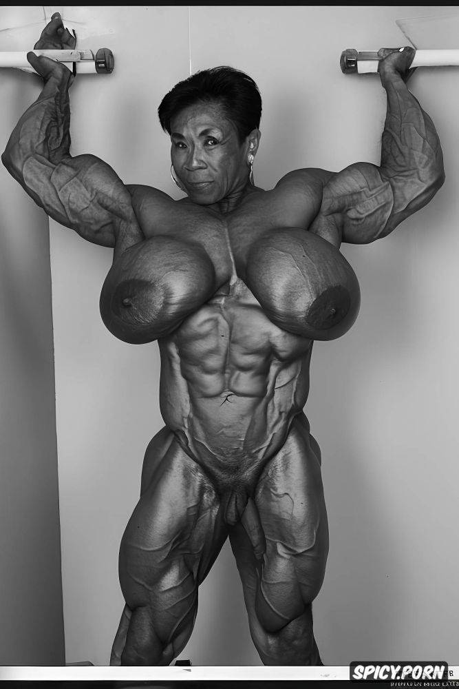 bulging biceps, granny model, asian granny, jacked, dark skin - #main
