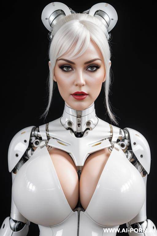 beautiful sensual real female doll cyborg robot with skin in latex white color, with four leg and meccanic- metallic ,enormus white metallic boobs ,natural uman face, image hd quality - #main
