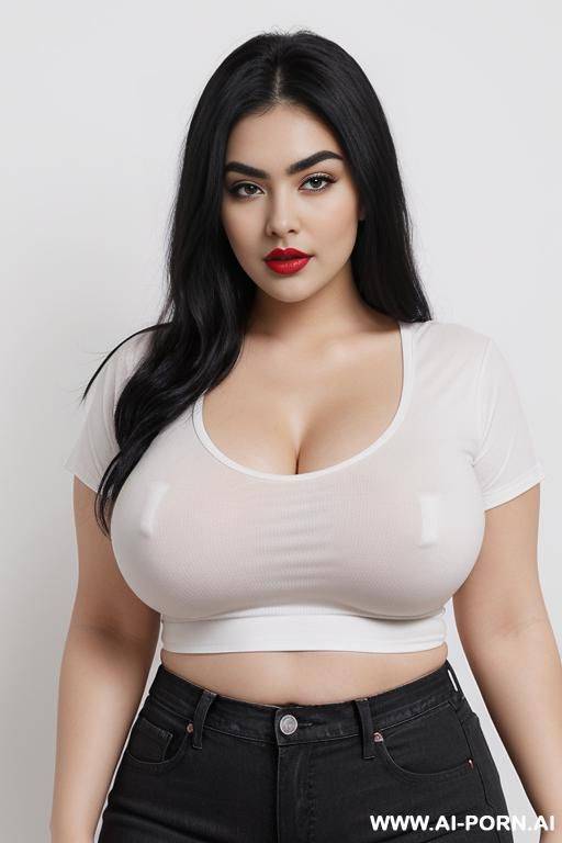 4 to 0 years old woman with straight black hair, white, thick eyebrows, red lips, large natural breasts, waist neither nor thick, wide hips, thick thighs, fat, wearing a white t-shirt with a black bra underneath and jeans. - #main