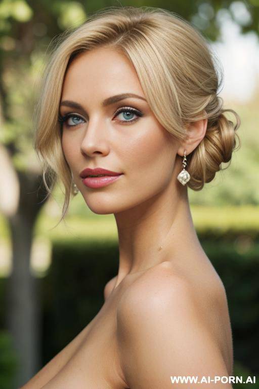 realistic, beautiful face, palid white skin, sexy body, perfect boobs, slight smile, makeup, eye shw, standing, totally naked, garden background. - #main