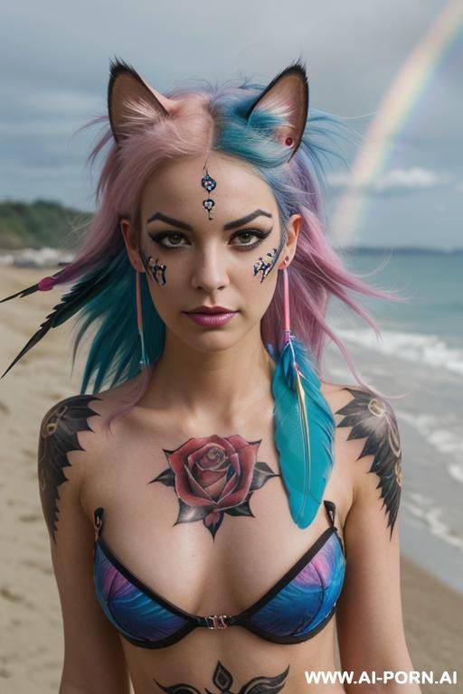 face, sexy, beautiful, ((face painting)), ((bikini as seashell)), ((tattoo roses)), ((eyes shw)), ((angel wings)), ((rainbow hair)), ((long bu hair)), ((wind)), (( cat face)), (( cat ears)), (((feather - #main
