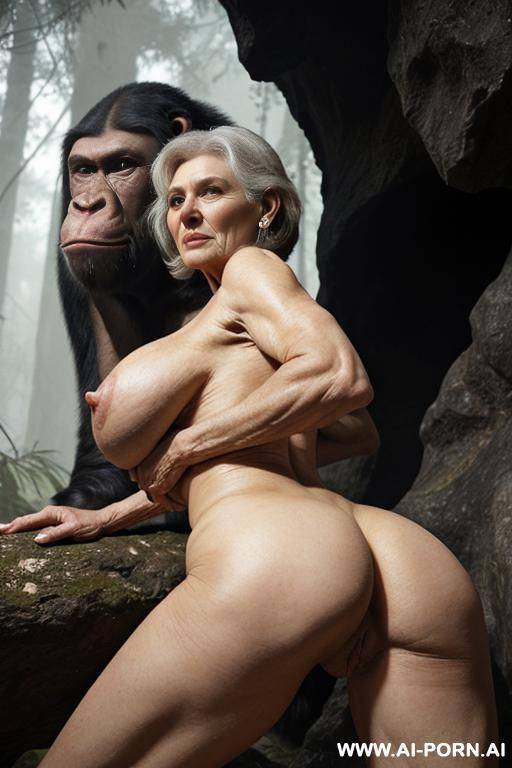 night, completely darkness, two ancient neolithic strong and healthy stud breeding with the female granny in the forest cave ((terrible neolithic ape-like stud), granny is realistic modern bimbo (realistic modern beautiful granny) - #main