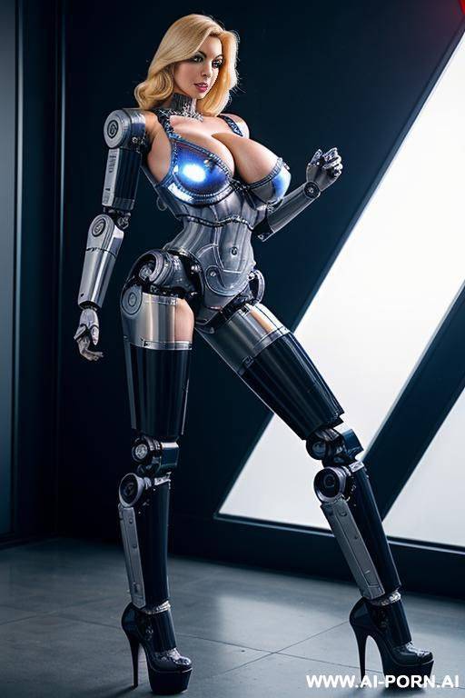 blonde cyborg police officer, fully robotic body, (huge robotic tits:1.3), ultra-high stripper platform stilettos - #main