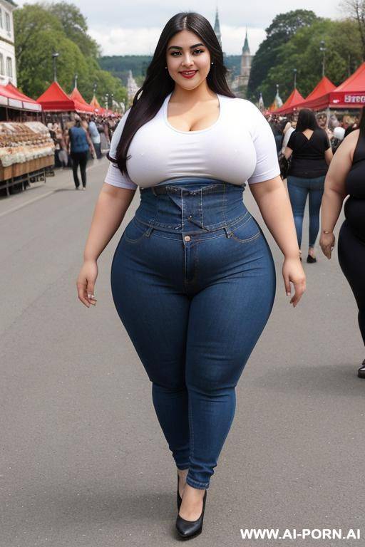 clothed, mexican, ssbbw, supermodel, very rotund, huge body, hourglass figure, big nose, ethnic, ultra wide hips, extremely thicc, big thighs, eyeliner, high rise jeans, tight shirt - #main