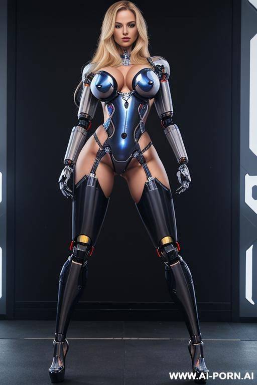 robo police officer, front view, full body view, standing, hands behind head, looking at viewer, seductive face, long straight blonde hair, (fully robotic body, huge robotic tits), fit body, abs, - #main