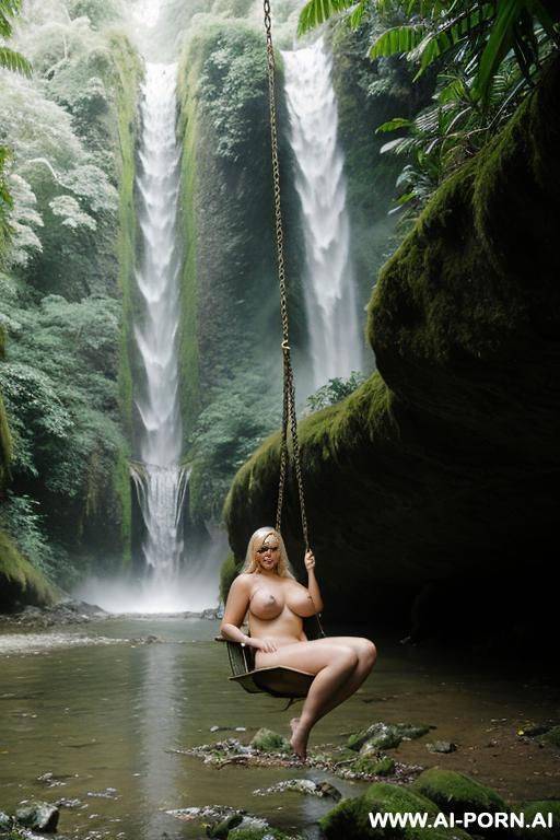 nude busty curvy blonde swings in front of river in rain forest - #main