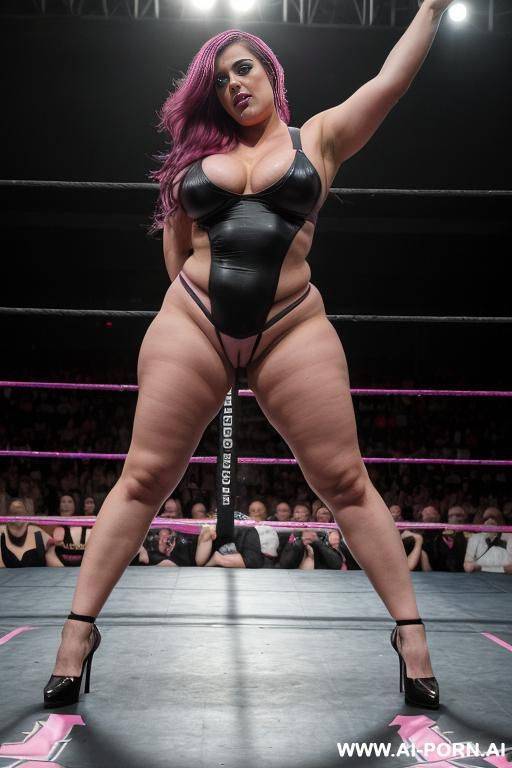 extremely sexy british babe, fully nude, massive firm breasts, hour glass figure, emo slut, (keep face), full body view, full frontal, in professional wrestling ring, - #main