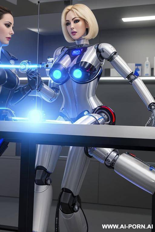 busty blonde robot police officer lying on a table and being repaired in a robotic lab, (fully robotic body:1.3) - #main