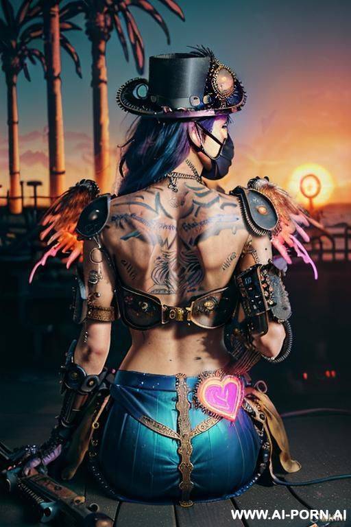 ((((masterpiece)))), (((woman sitting))), (glowing red eyes), (long blue purple and white hair with a flower), ((crop top white collar shirt with red tie)), ((((flaming angel wing)))), ((navy formal - #main