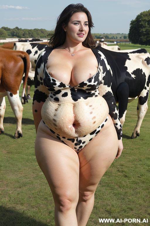 real cow (real animal, not a human) with gigantic udder (only cow on the picture) (cow alone), huge teats, full body of the cow are visible - #main