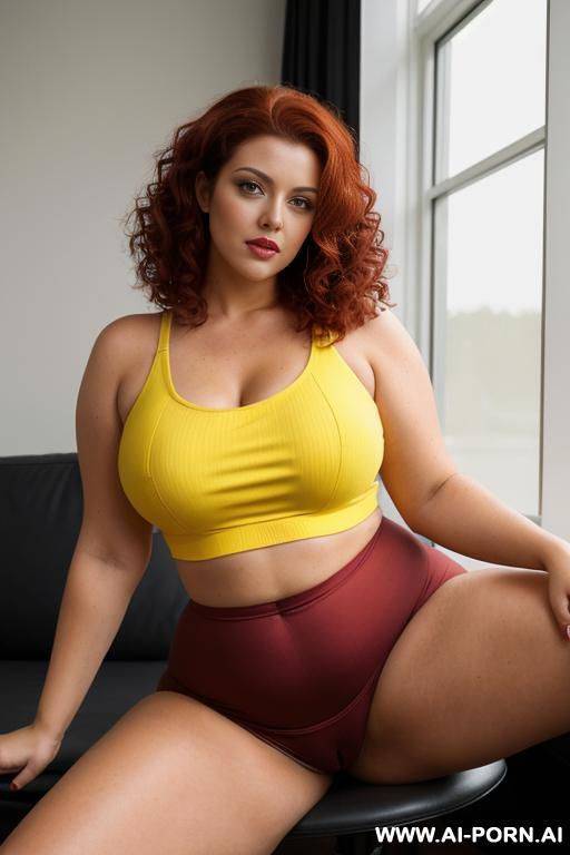 curvy woman with (dark red) hair, curly hair, , wearing a (yellow) crop top, touching her vagina, - #main