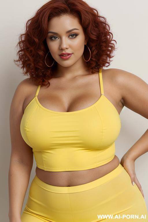 curvy woman with (dark red) hair, curly hair, , wearing a (yellow) crop top, hand touches pussy - #main