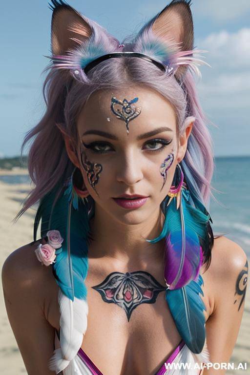 face, sexy, beautiful, ((face painting)), ((bikini as seashell)), ((tattoo roses)), ((eyes shw)), ((angel wings)), ((rainbow hair)), ((long bu hair)), ((wind)), (( cat face)), (( cat ears)), (((feather - #main