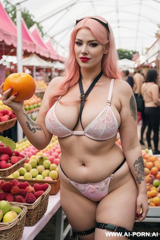 white and orange long hair, red harness, pink makeup, pink tattoo, curvy milf sell fruits at fair - #main
