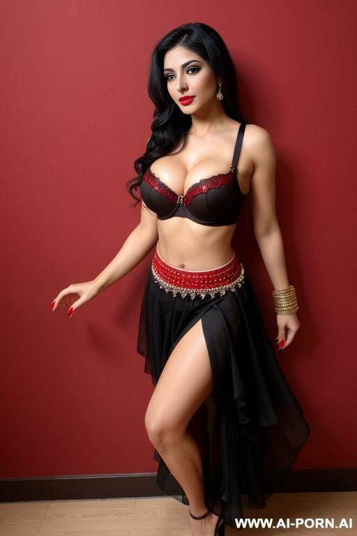 sexy persian woman, black hair, brown skin, red nails, sexy traditional dance skirt, full body view, sexy black bra - #main